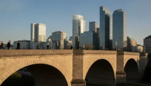 Pont Adolphe à Luxembourg-Ville, arches de pierre centenaires, quartier financier Kirchberg en arrière-plan, travailleurs en costume professionnel le matin