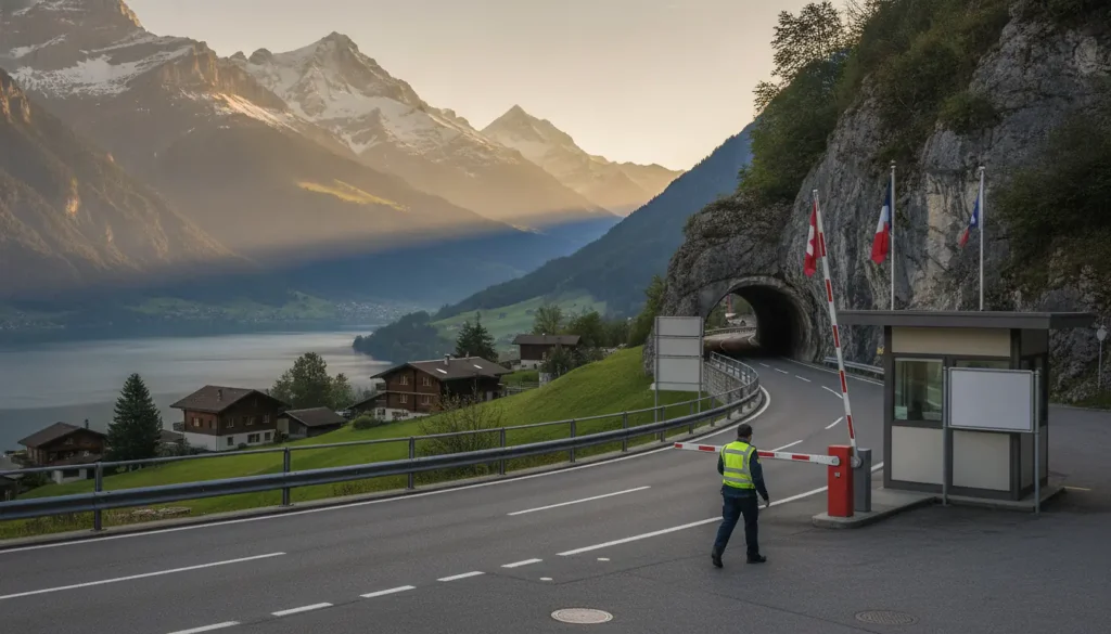 Travailleur frontalier au poste frontière franco-suisse avec les Alpes suisses et le lac Léman en arrière-plan, lumière matinale