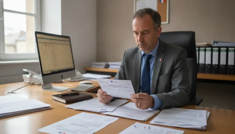 Fonctionnaire français consultant son bulletin de paie mensuel dans un bureau administratif lumineux