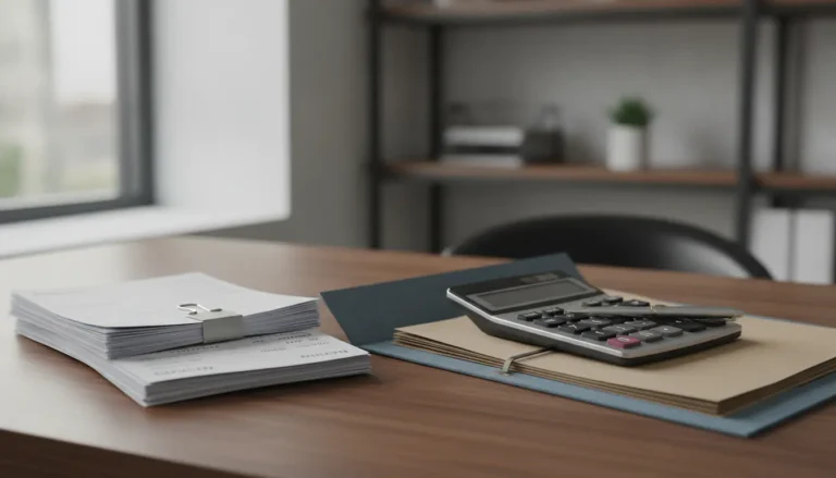 Bureau organisé avec factures de frais professionnels, dossier et calculatrice