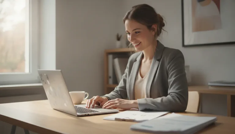 Jeune entrepreneure souriante consultant ses chiffres sur un ordinateur portable dans un bureau lumineux