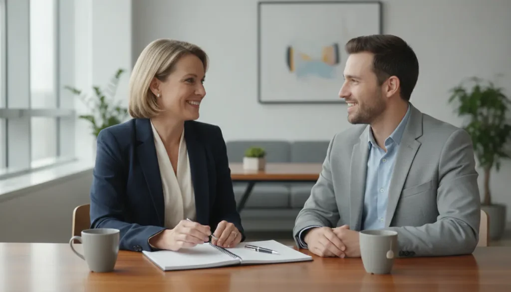 Séance de coaching reconversion professionnelle dans un bureau lumineux moderne