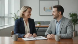 Séance de coaching reconversion professionnelle dans un bureau lumineux moderne