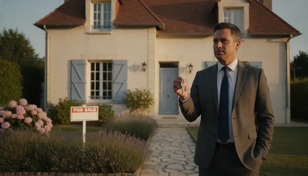 Agent immobilier professionnel en reconversion devant une maison française à vendre, lumière naturelle dorée, costume sombre, clés en main