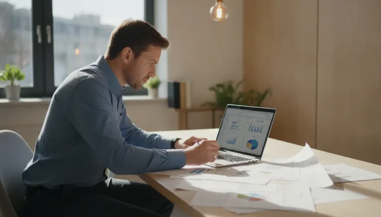 Entrepreneur consultant un tableau comparatif de financement sur un bureau lumineux