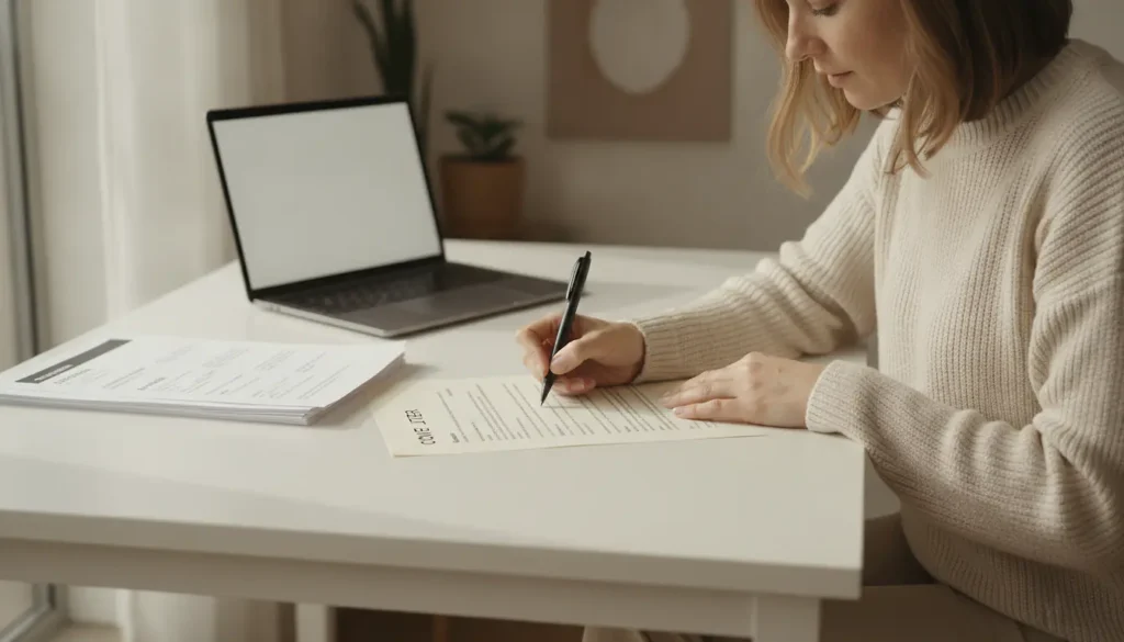 Femme rédigeant une lettre de motivation pour une reconversion professionnelle à son bureau