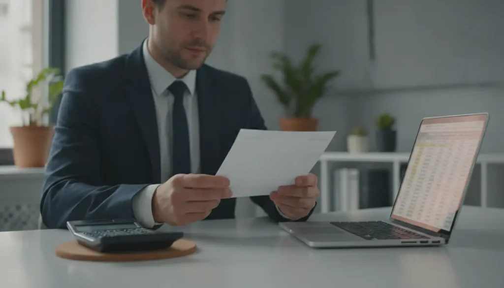 Salarié consultant son bulletin de paie avec calculatrice et ordinateur sur bureau professionnel éclairé en lumière naturelle
