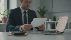 Salarié consultant son bulletin de paie avec calculatrice et ordinateur sur bureau professionnel éclairé en lumière naturelle