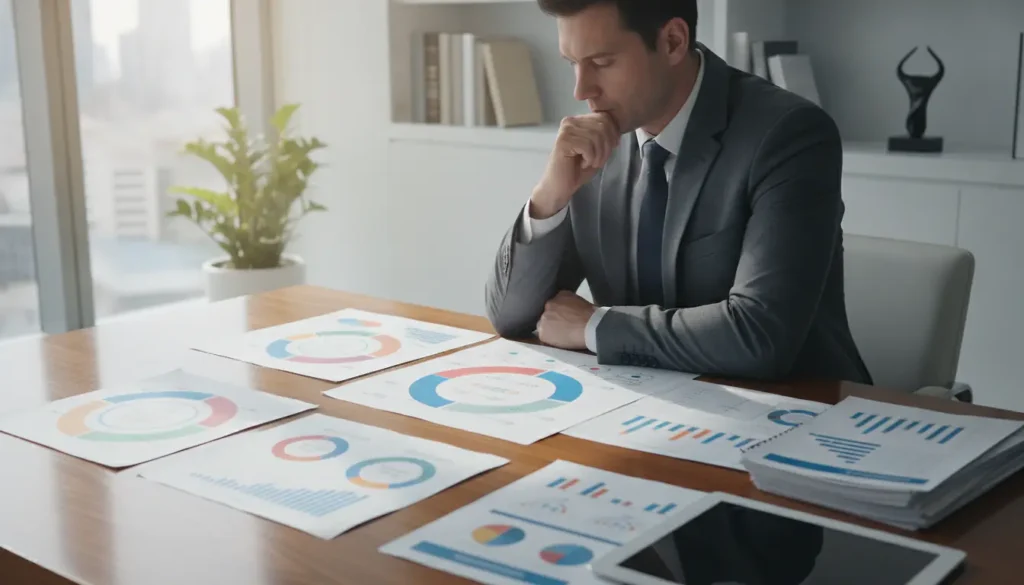 Professionnel analysant plusieurs chemins de carrière pour une reconversion professionnelle dans un bureau moderne lumineux