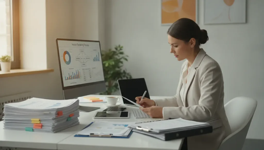 Entrepreneur consultant des factures et un tableau de trésorerie dans un bureau moderne, illustration du concept d'affacturage