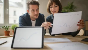 Deux entrepreneurs analysant une grille de prix et des courbes de marge sur une tablette dans un bureau lumineux